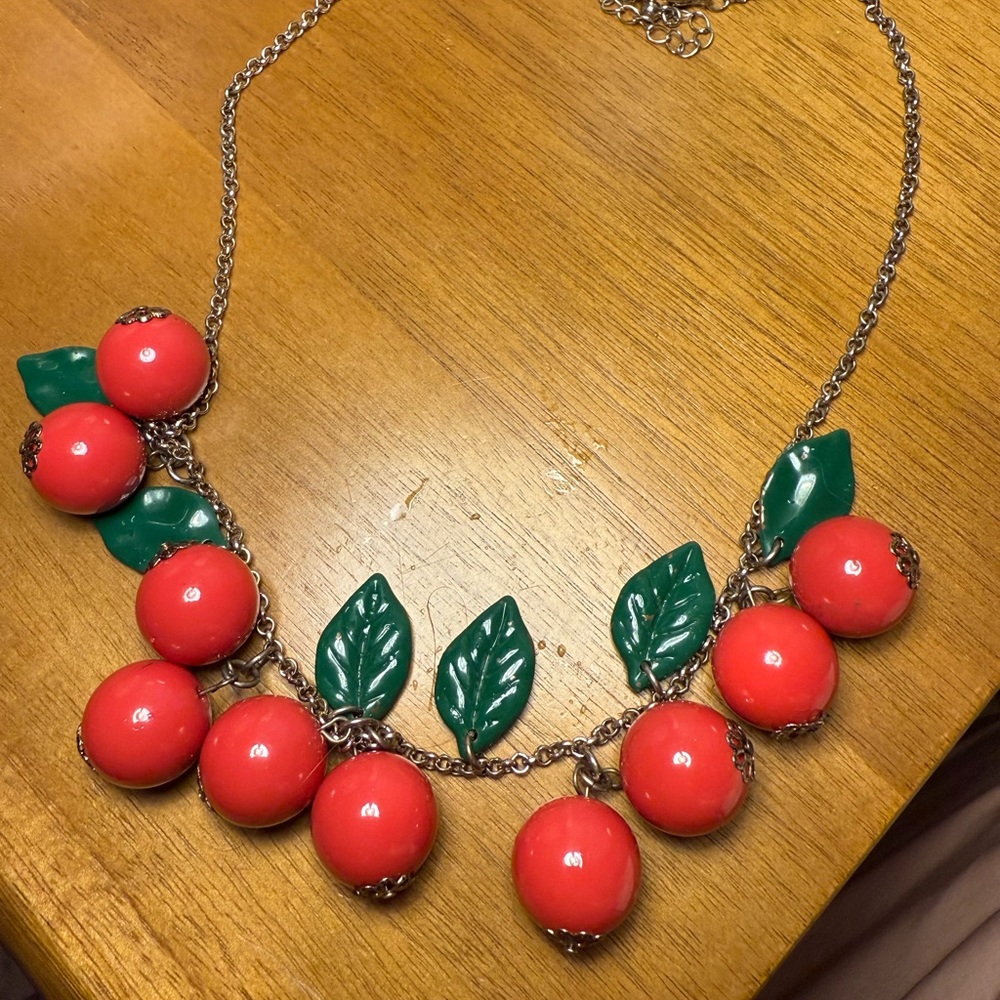 Cherry Necklace with Green Leaves